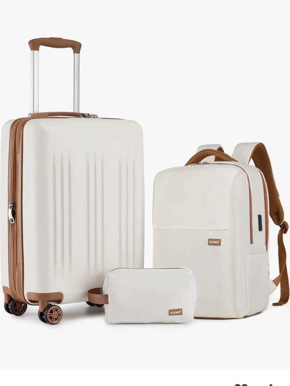 Kono White & Tan Travel Luggage 3 Piece Set - Carry-On Spinner, Backpack & Pouch